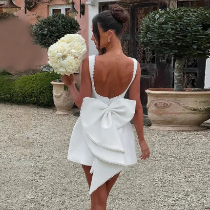 White Pearl Backless Bow Evening Dress